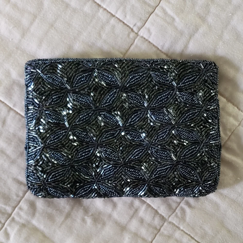 Bechamel Beaded Clutch Evening Bag Purse Embellished Black Gray Like-New